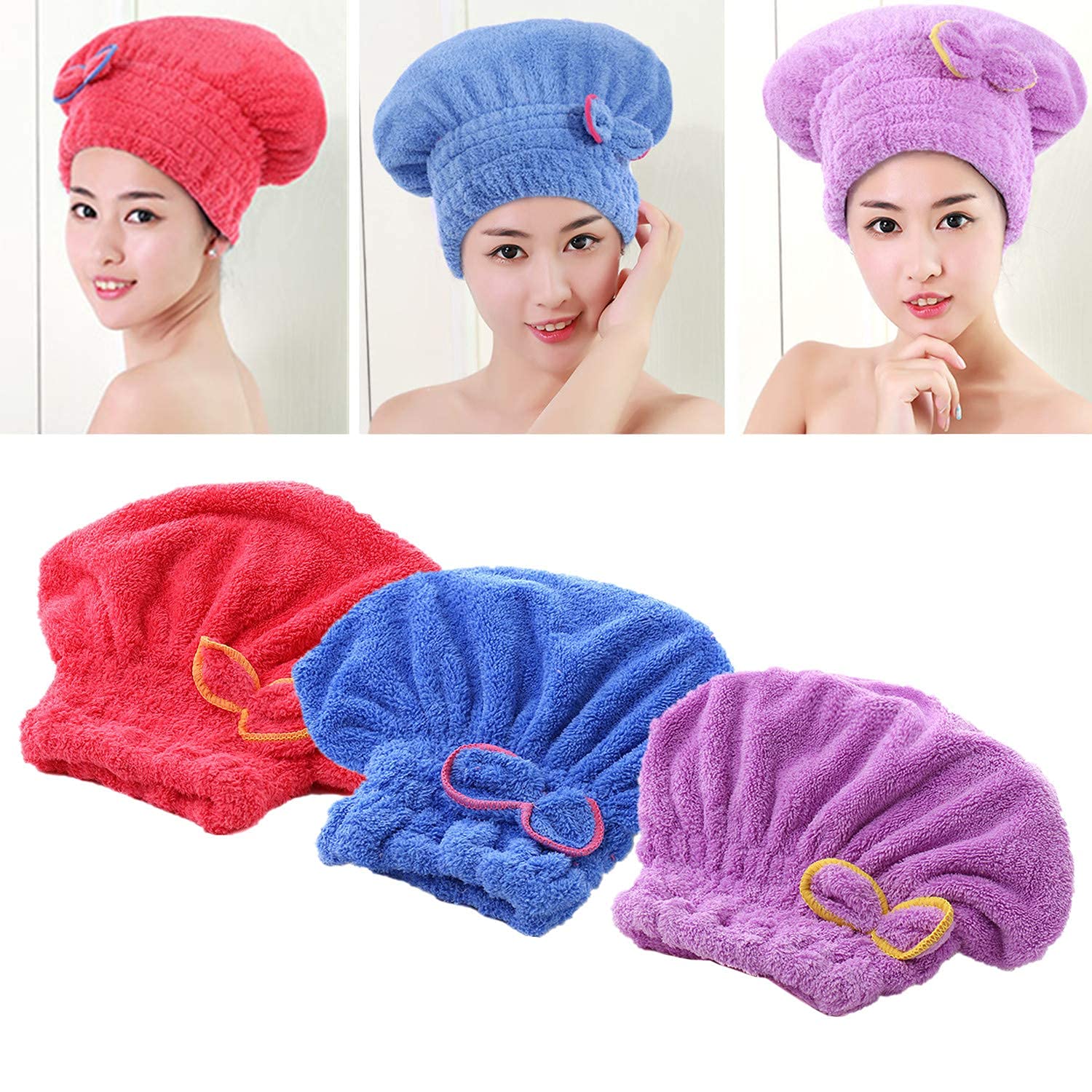 LNJBABAO 3 Pcs Microfiber Hair Drying Towels, Ultra Absorbent Hair Drying Cap Bowknot Hair Turban Towel for Women Adults or Kids Girls to Dry Hair Quickly
