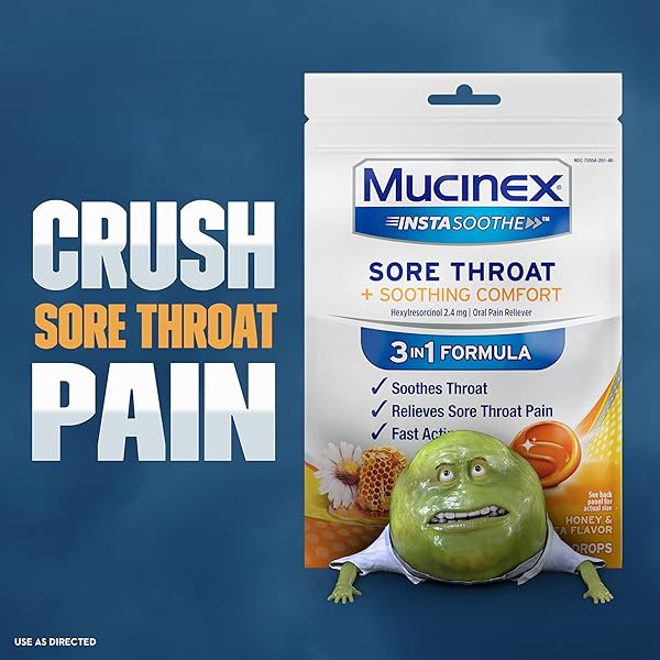 MUCINEX INSTASOOTHE SORE THROAT RELIEF DROPS, SORE THROAT LOZENGES, SORE THROAT MEDICINE WITH HEXYLRESORCINOL, COUGH DROPS ALTERNATIVE, HONEY & ECHINACEA FLAVOR MEDICATED NUMBING THROAT DROPS, 40 CT