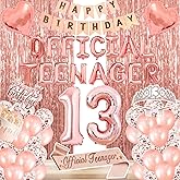 13th Birthday Decorations for Girls, Official Teenager Party Supplies Rose Gold Foil Balloons, Tiara Tassel Curtains Sash Balloons Numbers Banner Cake Topper for 13 Birthday Girl Decorations
