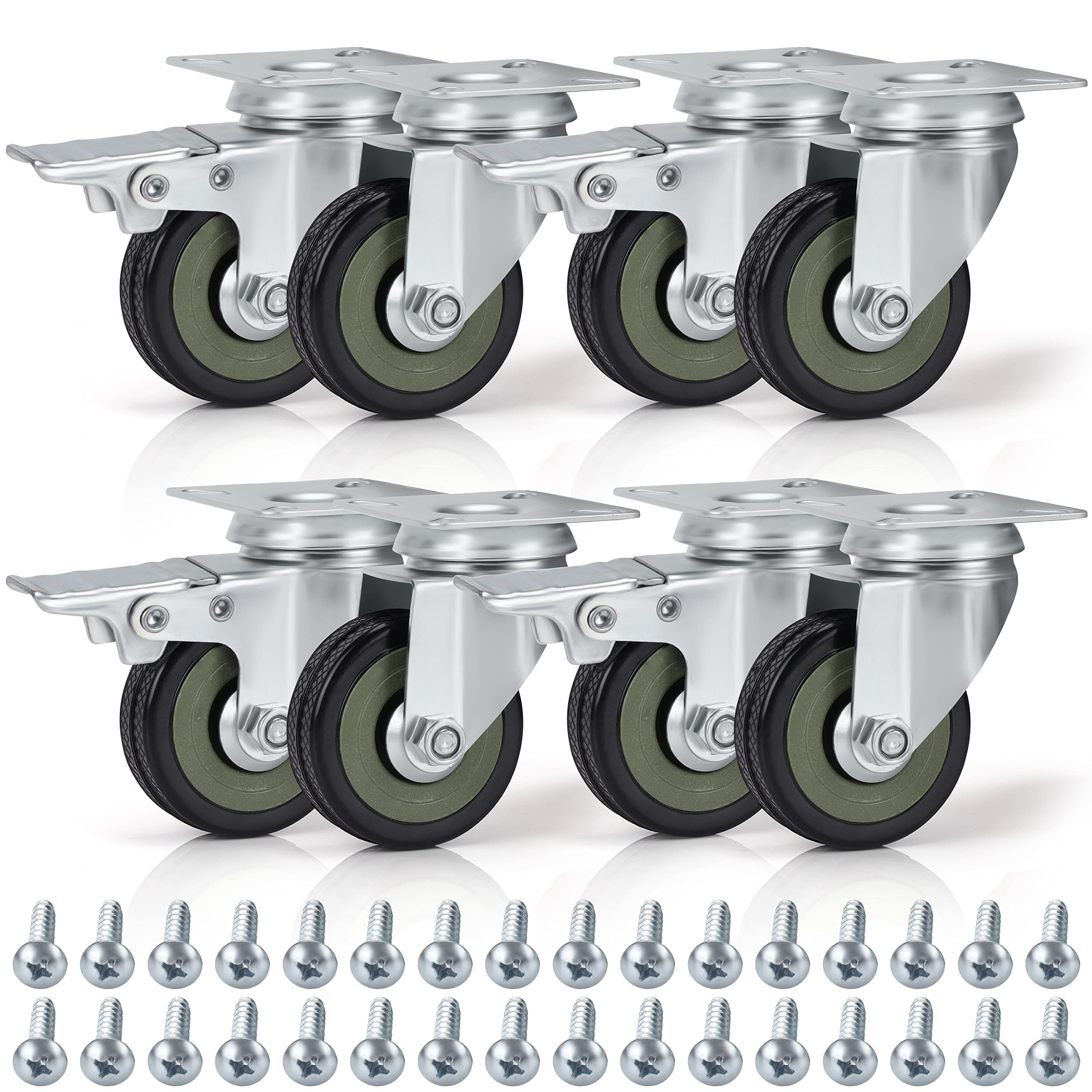 Kurtzy Heavy Duty Black Swivel Castor Wheels (8 Pack) - 50mm Casters with Rubber Wheels, Screws, Locking Brakes and Metal Plates - Max Load 200kg / 440lbs for Trolleys & Moving Furniture/Workbenches