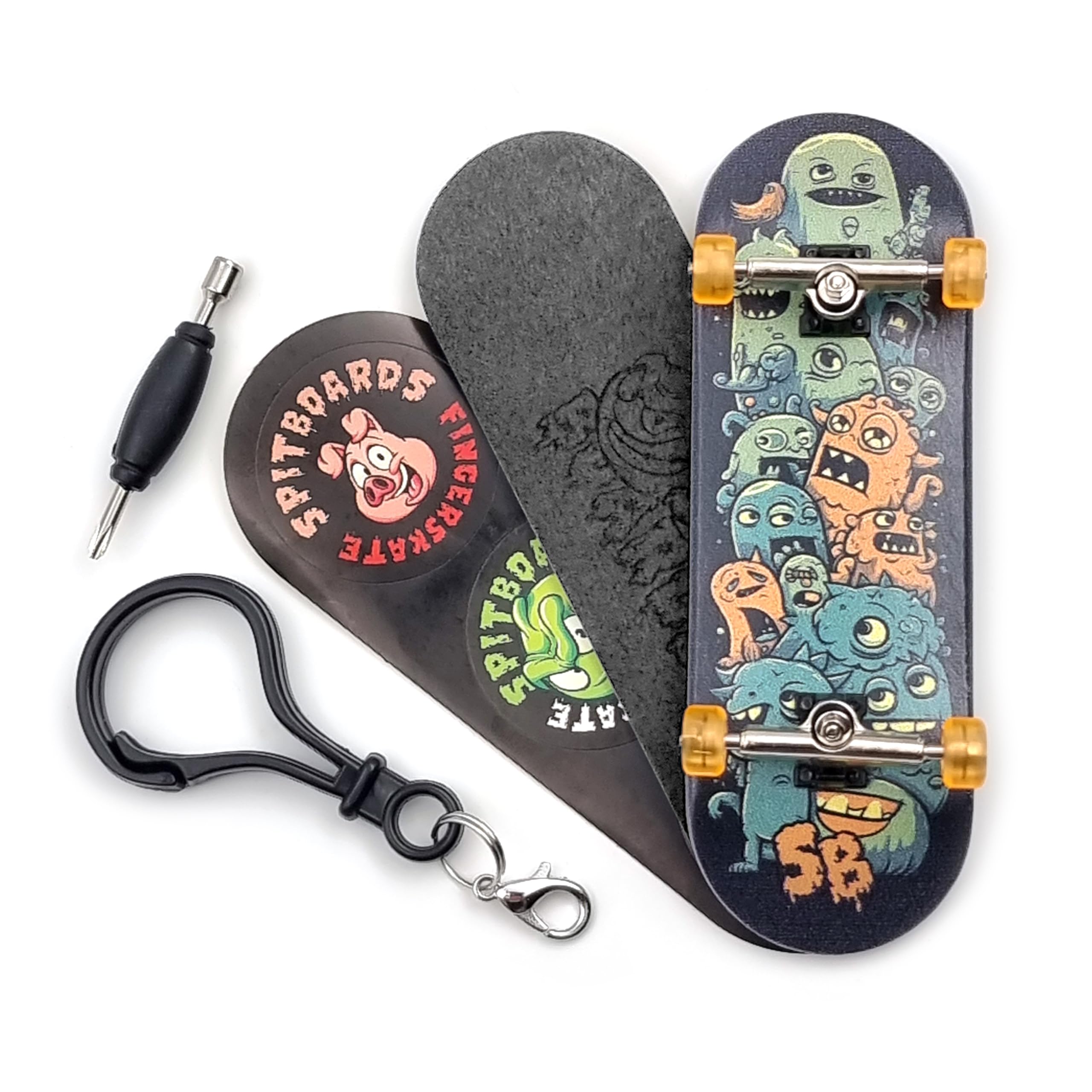 SPITBOARDS Complete Wooden Fingerboard Assembled 32x96mm 5 Layers Silver Trucks with Rings and Nuts CNC Bearing Wheels Transparent Orange Laser Foam Grip Tape Cute Monsters