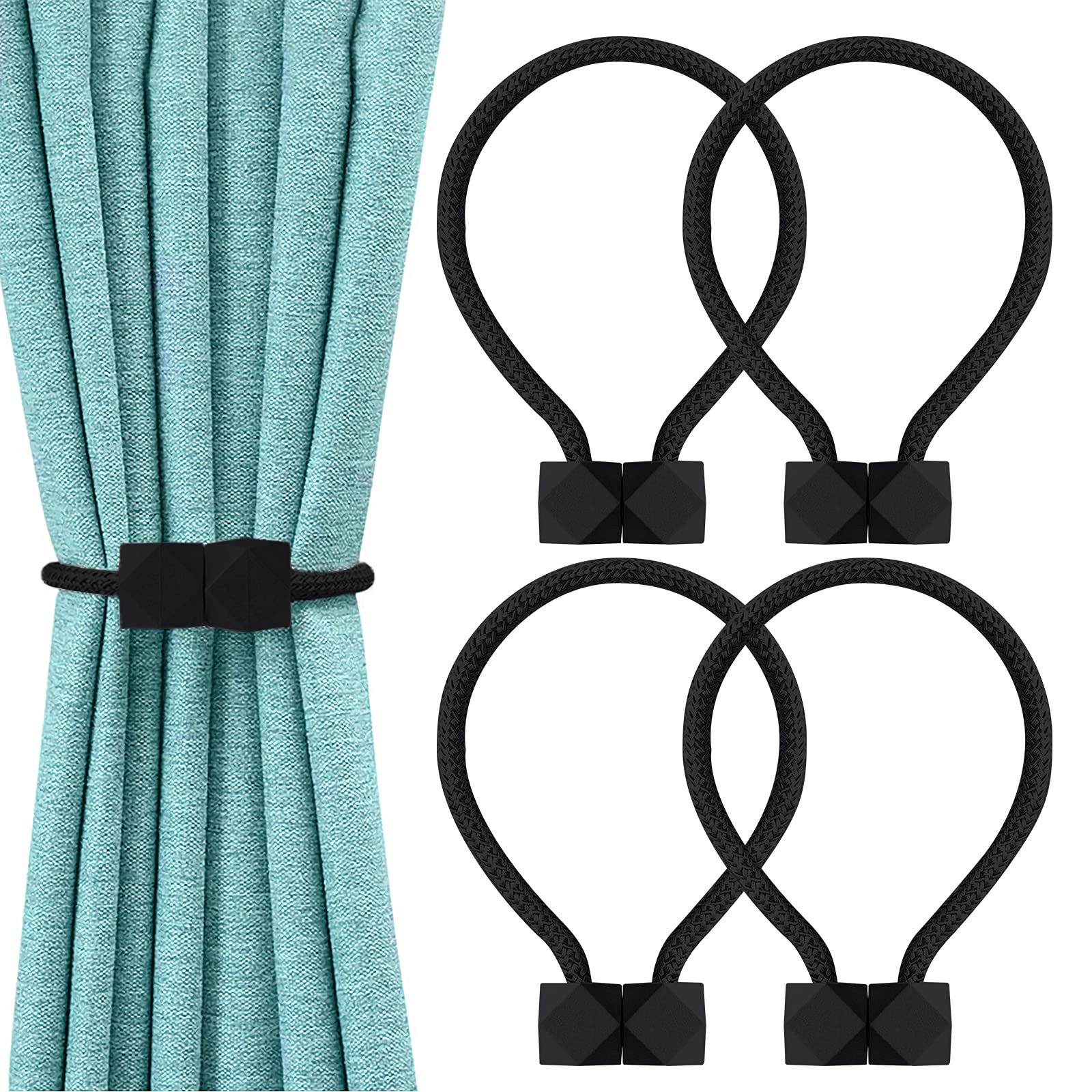 4 Pcs Magnetic Curtain Tie Backs, European Curtain Tiebacks Curtain Holdbacks Modern Simple Style Drape Tie Backs, Magnetic Curtain Buckle Clips for Home Hotel Office Window Drapery Decoration (Black)