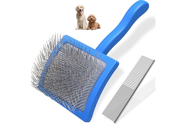 2PCS Slicker Brush for Dogs & Pet Comb,Professional Dog Grooming Brush (Goldendoodles,Poodles,Labradoodles) with Extra Long Pins to Effectively Remove Tangles, Knots and Mats (Blue, Large)