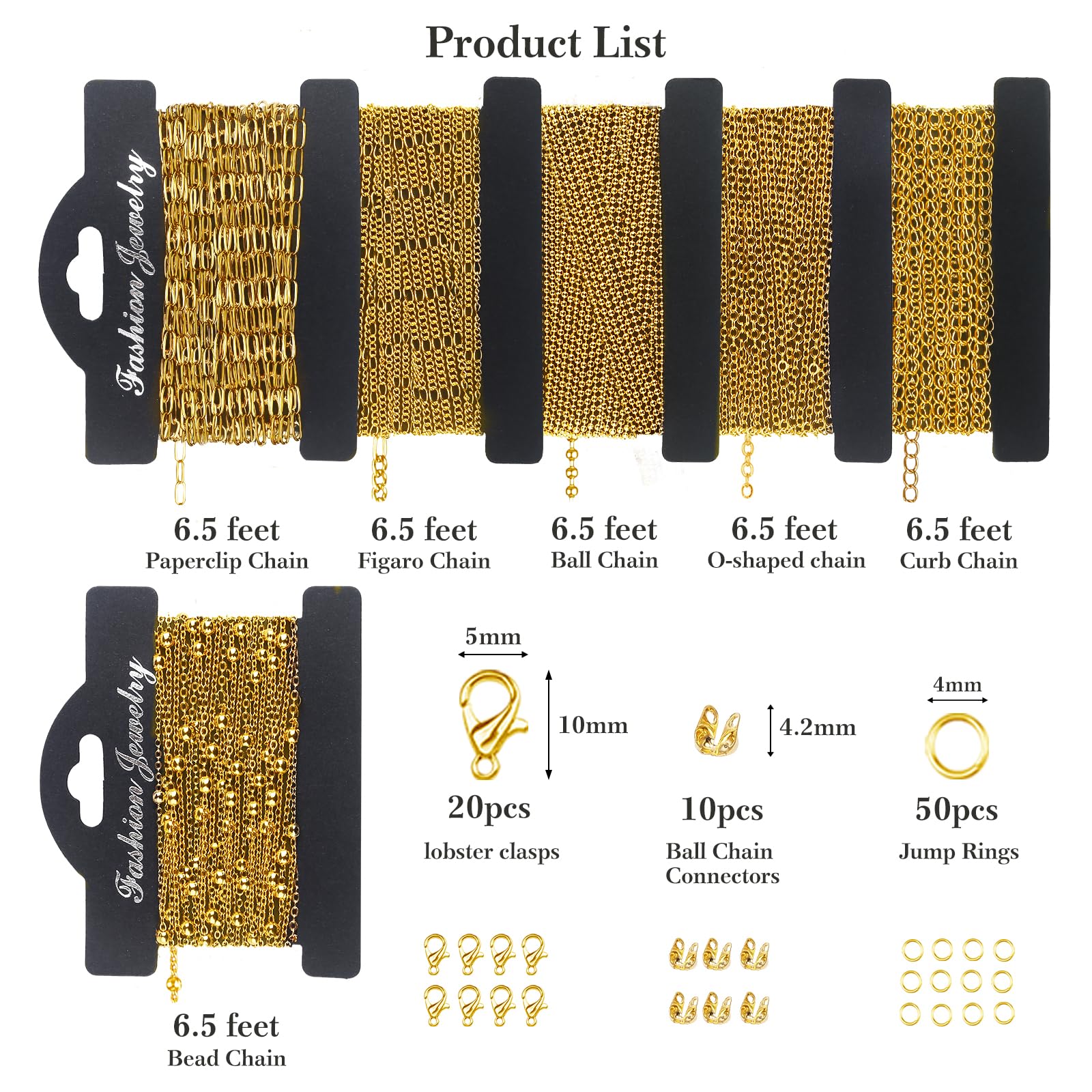 Ecoofor 18k Gold Necklace Chains for Jewelry Making, 39.3 Feet 6 Rolls Bracelet Chains for DIY,6.5Feet Each Style, Gold Chain with Jump Rings/Lobster Clasps/Connectors