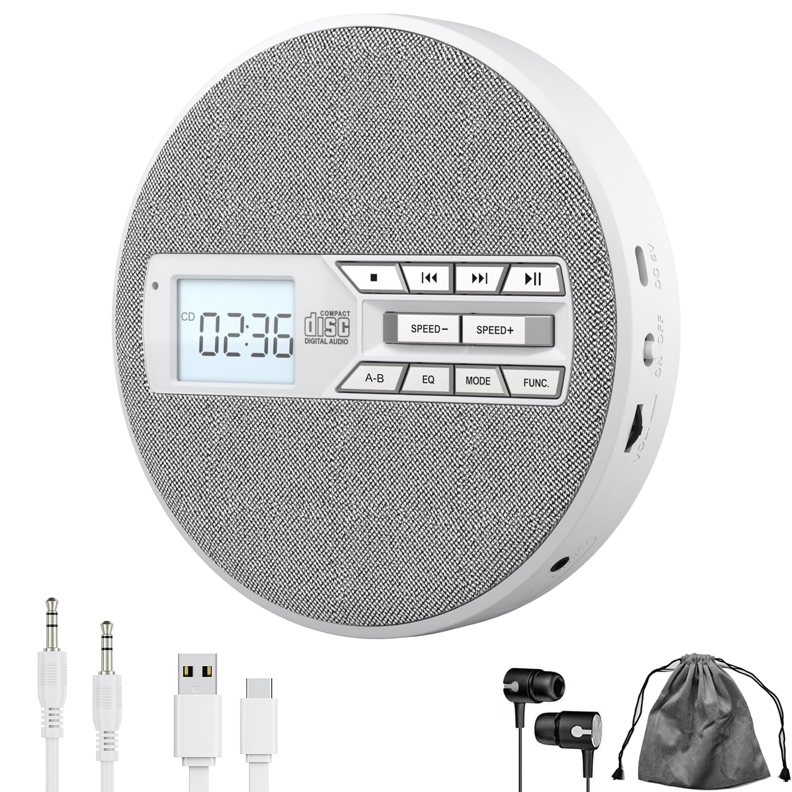 Photo 1 of M-Amazup CD Player Portable, Rechargeable Portable CD Player with Dual Speakers and Anti Skip,CD,USB,AUX,LCD Display,Sensitive Button,5 EQ,A-B Repeat,10 Speeds for Home Car Fabric White