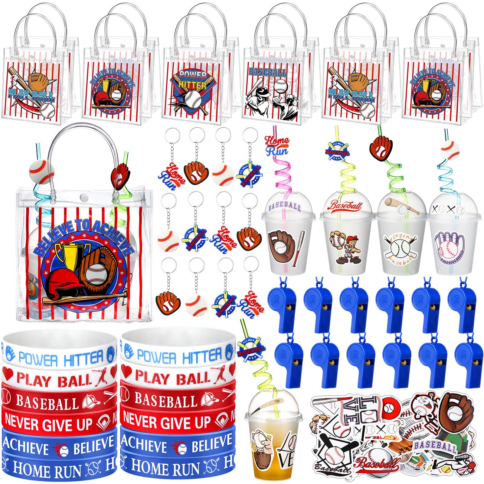 Photo 1 of Sweetude 121 Pcs Baseball Party Favors Gifts Baseball Goodie Bags Favors Sports Team Gifts Include Cups with Lids Straws Goodie Bags Keychain Silicone Wristbands Stickers Whistles for Birthday Decor