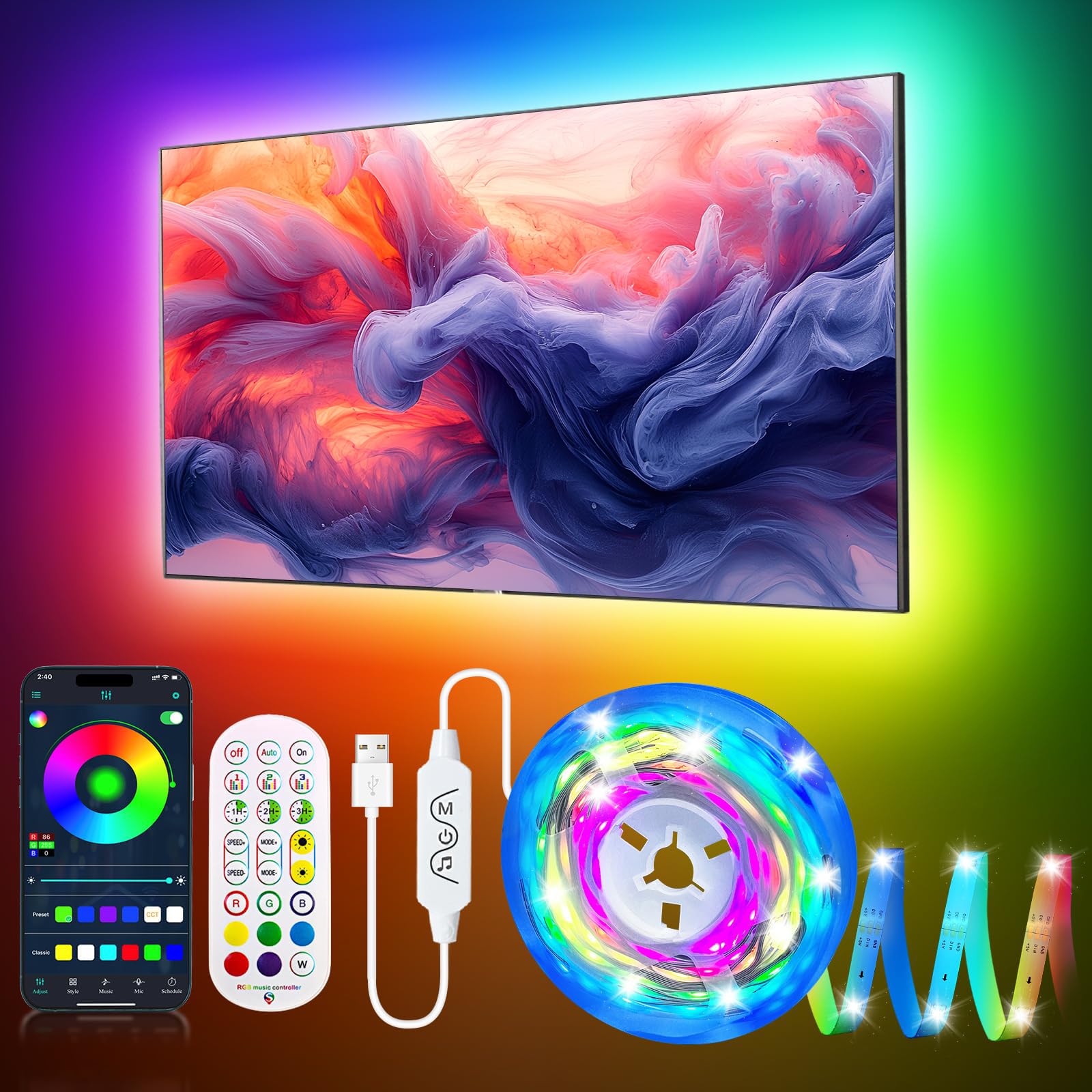 DTQJ 5m Led Strip Light for 45-75 Inch TV RGB Backlight Music Sync Color Changing,Bluetooth Function Light Strip,TV Backlight with App & Remote Control, Led Lights for Bedroom,Room,Home Decor