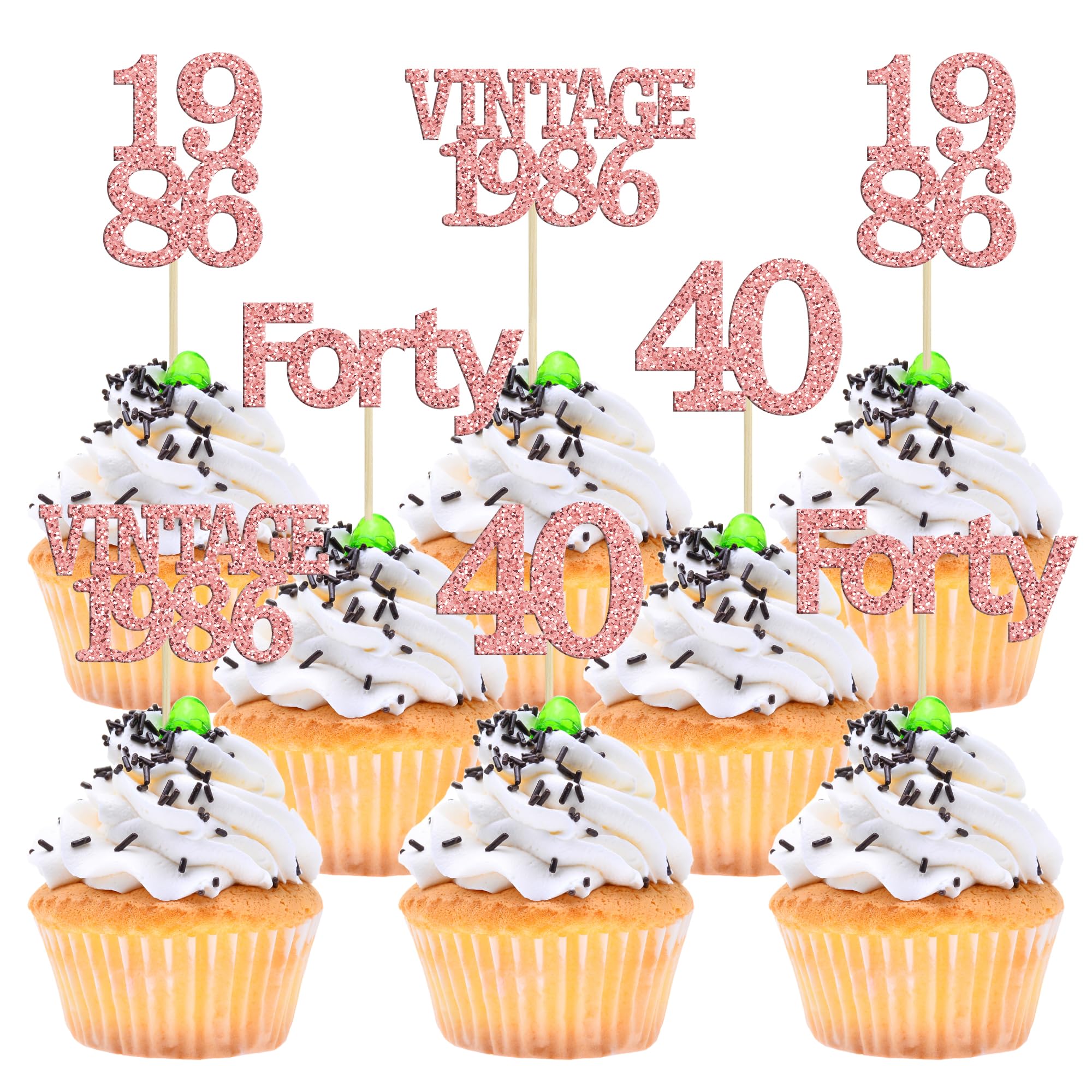 Gyufise 24Pcs Happy 40th Birthday Cupcake Toppers Glitter Forty 40 Fabulous Vintage 1986 Cake Toppers for 40th Birthday Wedding Anniversary Party Cake Decorations Supplies Rose Gold