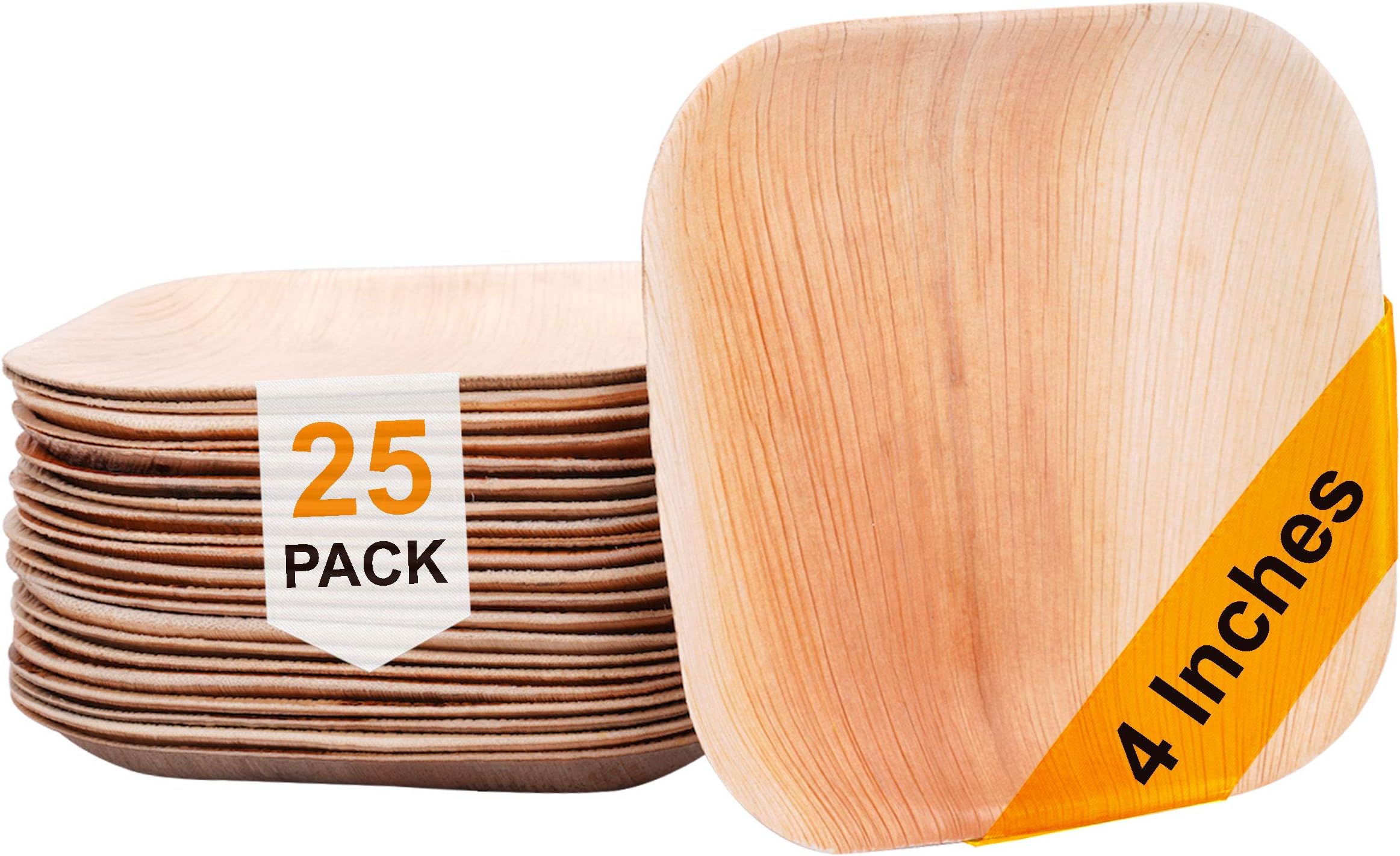 Simply Greenware Palm Leaf Plates - 4 Inch Square 25 Count. Very Sturdy Square Plates for Dinner Salads Desserts Cocktails - Compostable and Disposable Plates, better than bamboo plates!