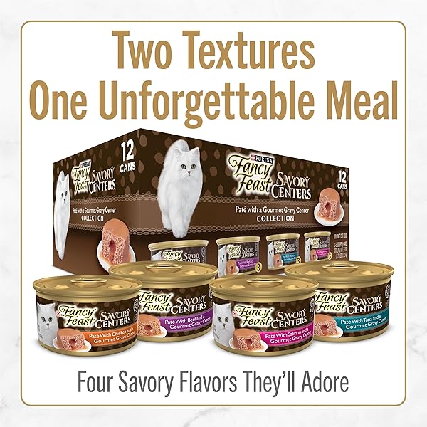 PURINA FANCY FEAST SAVORY CENTERS WET CAT FOOD PATE VARIETY PACK WITH CHICKEN, SALMON, BEEF, AND TUNA PATE WITH GRAVY CENTER – (2 PACKS OF 12) 3 OZ. PULL-TOP CANS