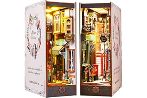 FUNLE Book Nook Kit DIY Bookshelf Insert Decor 3D Puzzle Miniature Wooden Bookends with LED Light Tiny Library Home Dollhouse Model Craft Kits for Adults