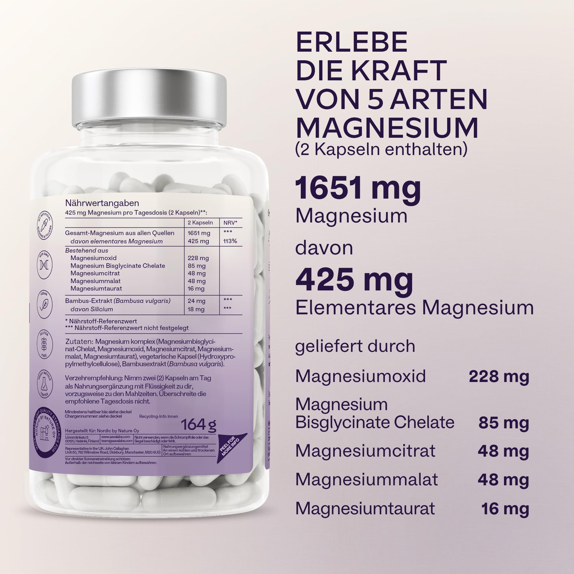 Magnesium Komplex Hochdosiert 1651mg | 425mg Elementares Magnesium Premium mit 5 Formen: Bisglycinat Chelat, Magnesiumcitrat, Malat, Taurate, Magnesiumoxid - Energie, Muskeln, Nerven - 180 Kapseln 5