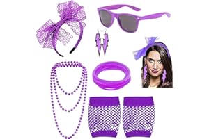 80s Costume Women, 80's Costume for Women, 80s Outfits Women Neon, Lace Fabric Head with Earrings in the 1980s(Purple)