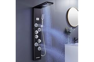 MENATT LED Shower Panels Tower System, SUS304 Stainless Steel Bathroom Shower Panel System with 4 Body Jets, Rainfall, Waterfall, Handheld Shower, Tub Faucet (Black)