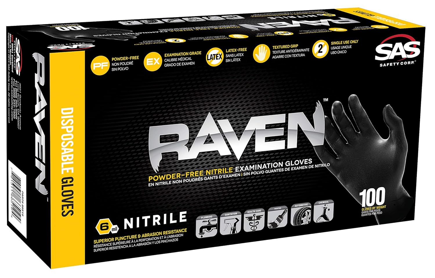 SAS Safety 66518 Raven PowderFree Disposable Black Nitrile 6 Mil Gloves, Large, 791475285930 eBay