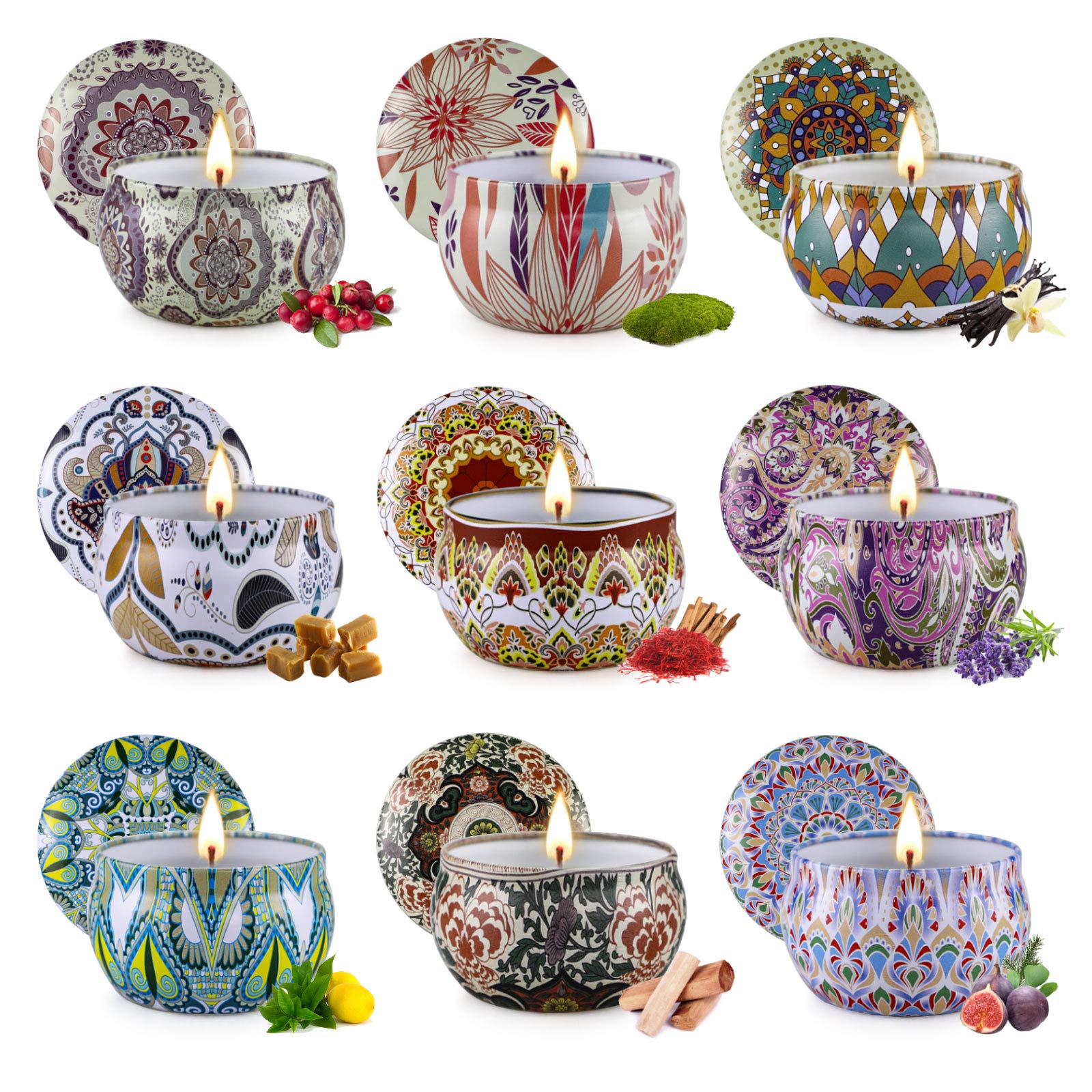 9 pcs Scented Candles Gift Set with Iron Can, Soy Wax Portable Travel Candles Women Gift, Aromatherapy Candles for Yoga, Relaxation, Stress Relief, Air Refresh, Birthday, Anniversary, Christmas