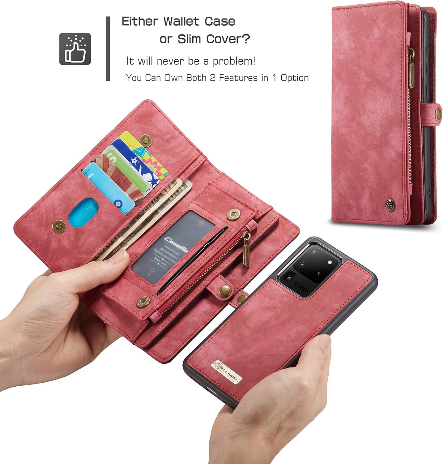 UFinetech Detachable Samsung Galaxy S20 FE Case Wallet Leather TPU Magnetic Flip Slot Card Holder Zipper Stylish 2020 Luxury 2-in-1 Multifunction Purse Holster Cover for Samsung Galaxy S20 FE 5G Red - Image 5