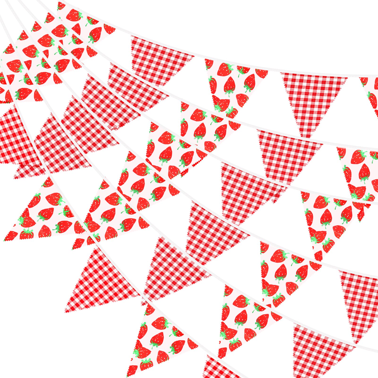 G2PLUS Strawberry Fabric Bunting Banner: 12M Gingham Garden Bunting, 42PCS Red Cotton Pennant, 15x19CM Triangle Garland Banner for Kid's Bedroom, Birthday, Baby Shower, Tea party