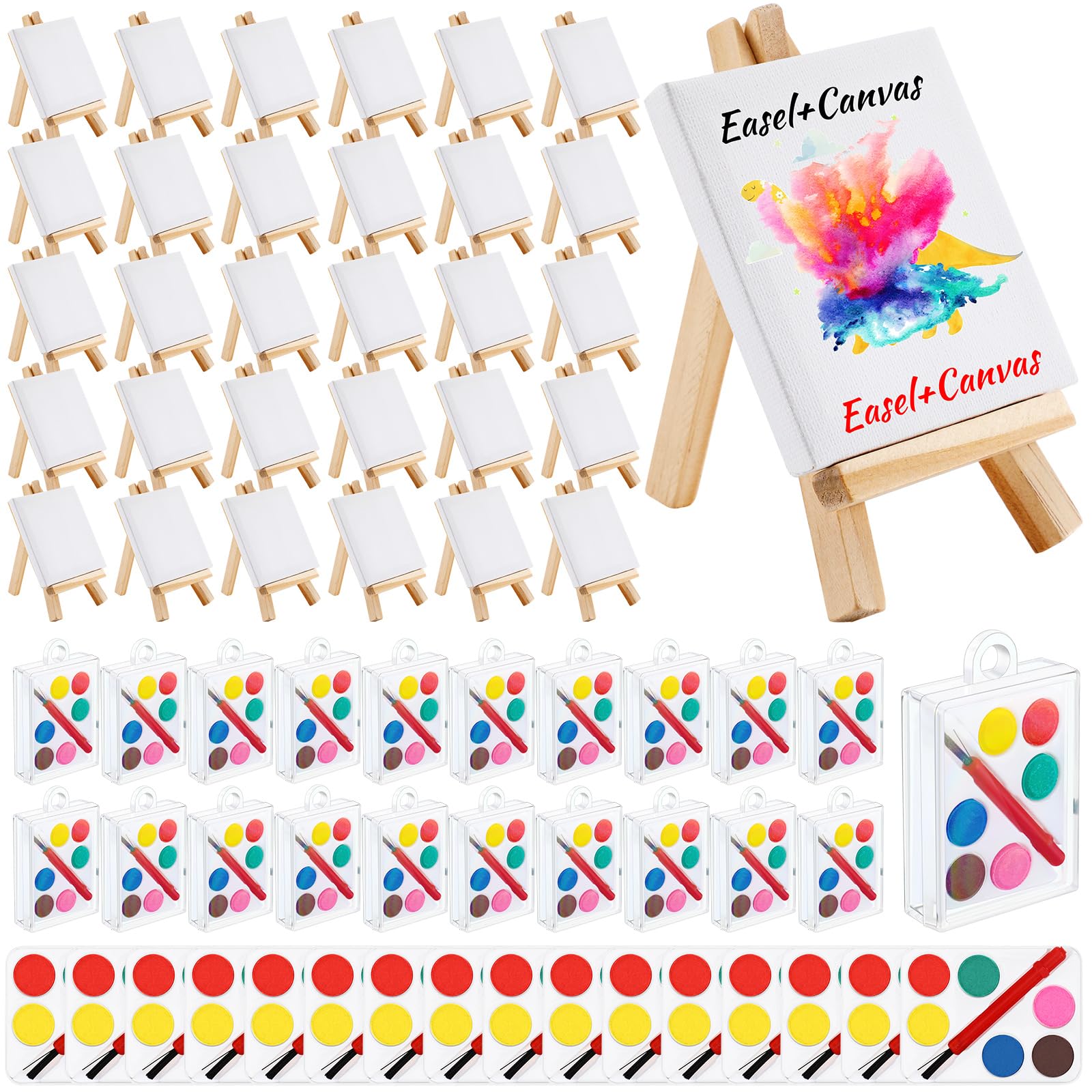 Photo 1 of 24 Pack Mini Canvas Painting Kit Mini Acrylic Paint Set Panels and Easel Painting Kit Set Small Art Acrylic Strips Palettes Brush Palette for Kids Adults School Classroom Party Gift