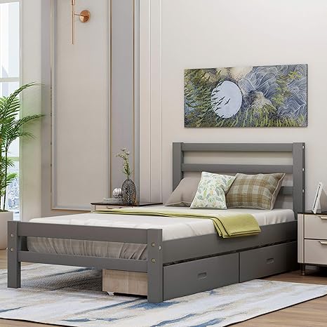 Amazon Com Twin Platform Bed With Storage Drawers Solid Wood Platform Bed With Headboard And Footboard No Box Spring Needed Gray Kitchen Dining
