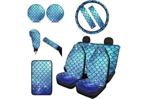 BIGCARJOB Blue Mermaid Fish Scales Printed Car Seat Covers Back Seat Protector Full Set,Steering Wheel Cover,Armrest Cover, Seat Belt Pads Cover,Coasters,12 pcs Set