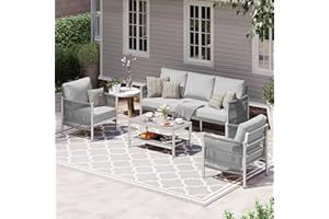 Oasbira Aluminum Outdoor Patio Furniture Set, HDPE Rope 4 Piece Modern Sectional Conversation Sets with Dual-Layer Coffee Table, All Weather Patio Couch Set with Thick Cushions, Silver Frame, Silver