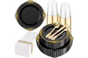 Hioasis 175pcs Black and Gold Plastic Plates - Elegant Disposable Dinnerware Set Suitable for 25 Guests Include 10.25" Dinner & 7.5" Dessert Plates, Cutlery, Napkins, Cups for Party & Halloween