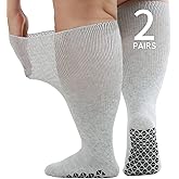 Orthostride Wide Diabetic Socks for Men Women, Non Slip Grip Extra Long Edema Sock with Thickened Sole, Non-Binding Loose Fit Socks for Lymphedema, Neuropathy, Swollen Feet, Hospital-2 Pairs Gray