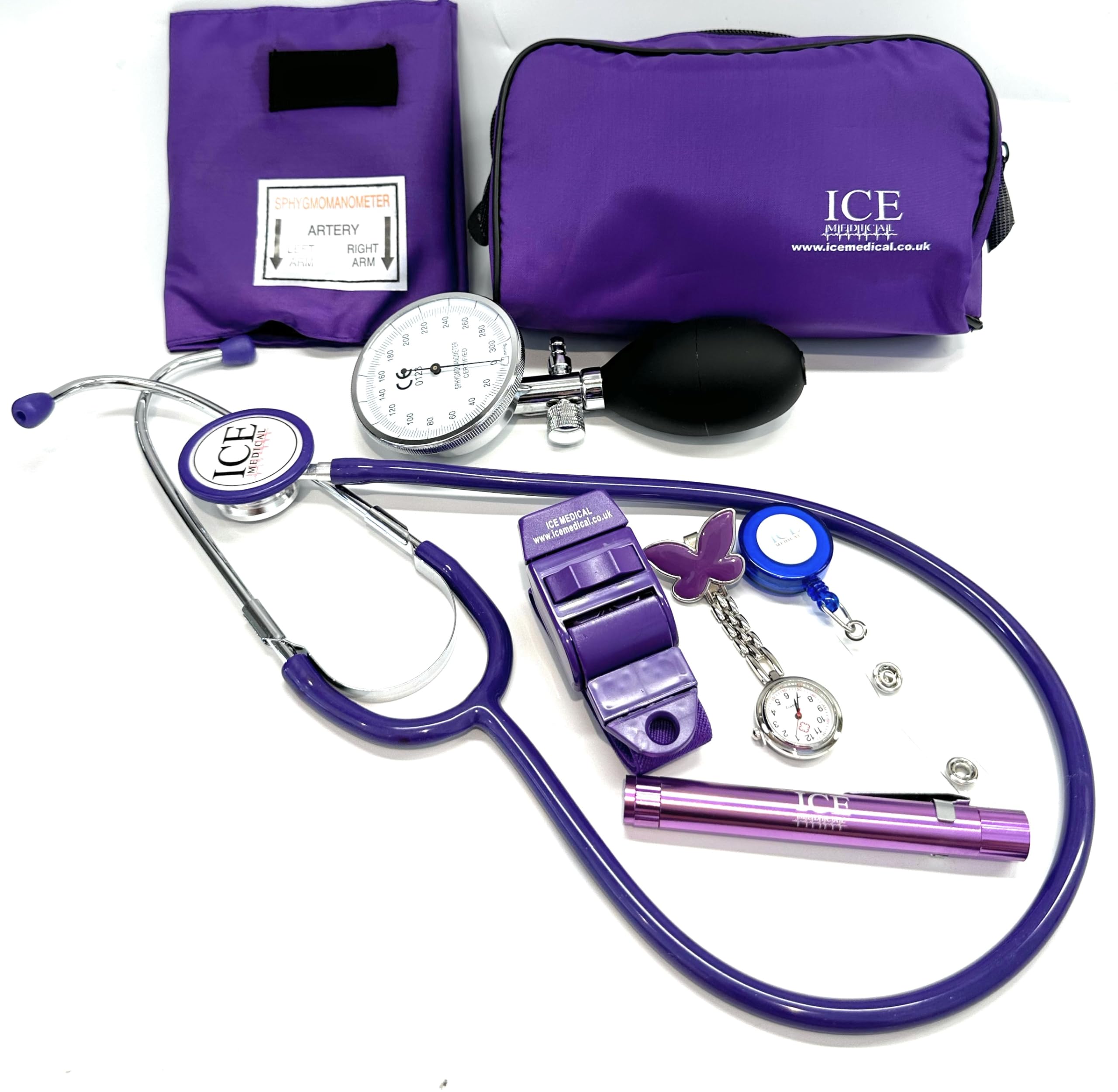 Aneroid Blood Pressure Sphygmomanometer Monitor, Stethoscope, Pen Light (Pen Torch), Tourniquet, Nurse Watch, Lanyard ID Card Holder - Starter Set (Purple with Butterfly Watch)