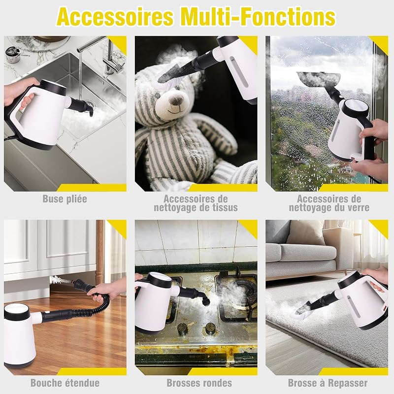 Nettoyeur vapeur à main, 400 ml, multi-fonction, avec 9 accessoires, nettoyeur vapeur sans produits chimiques pour un usage domestique, nettoyage des sols, carreaux, fenêtres, canapés (blanc)
