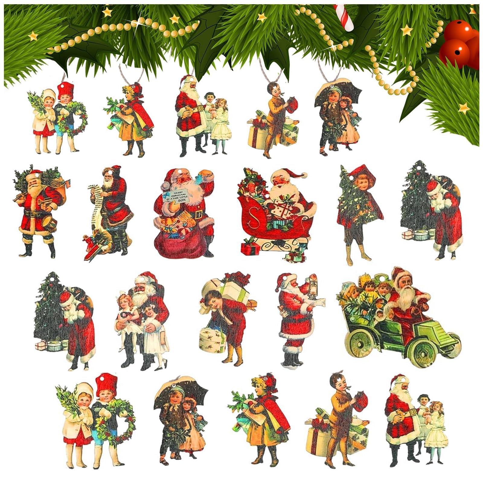HO2NLE 45pcs Victorian Style Wooden Christmas Ornaments Vintage Santa Claus Kids Wood Hanging Pendants Christmas Tree Decorations for Xmas Home Windows Doors Party Decor