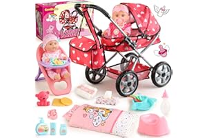 HuceePlay Baby Doll Stroller Set for Toddler Girls 3-5, A 12.5" Babydoll with Baby Doll Accessories, Pillow, Blanket & 2 Sets Clothes, Doll Stroller Toy for Kids, Gifts 3 4 5 Year Old Girls Toys