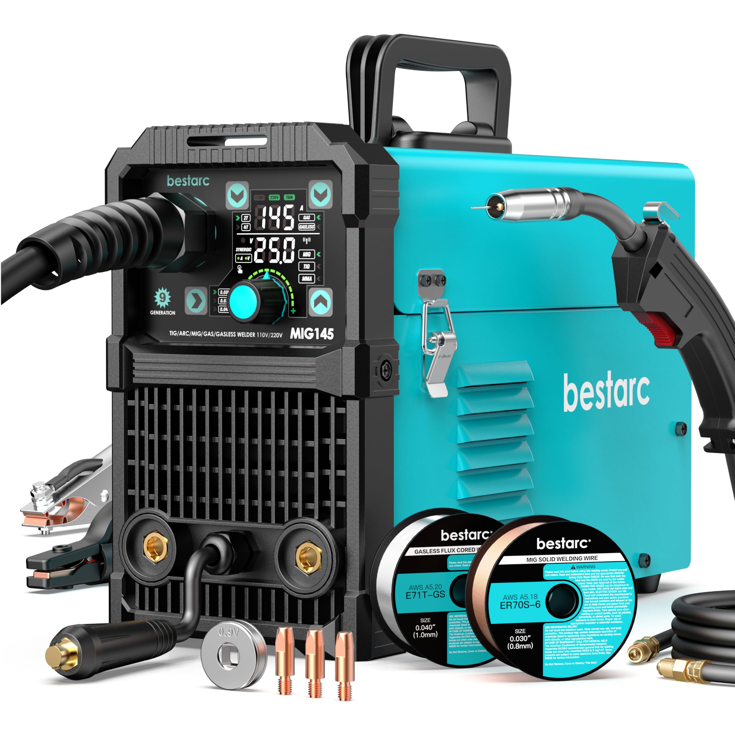 bestarc 145A MIG Welder, 110V 220V 4 in 1 Gas/Flux Core MIG/Lift TIG/Stick Welder Machine, Large LED Display Welding Machine, IGBT Inverter Welder MIG145 Soild Gasless Synergy MIG Welder Image