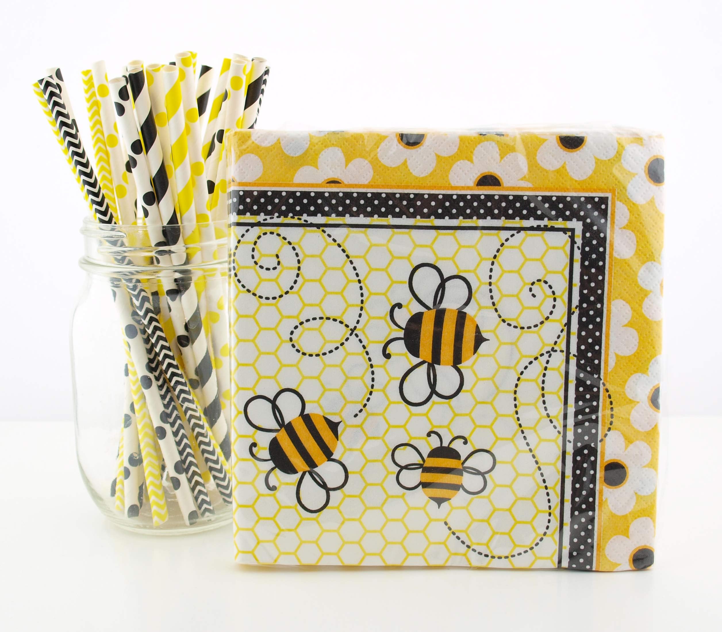 Bumblebee Party Supplies Tableware Kit (Napkins & Straws) -Summer, Spring Party, Birthday Partyware - 16 Ct Bumblebee Paper Napkins & 25 Ct. Straws, Cute Picnic Table Decorations