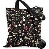 Miss Adola Canvas Tote Bag for Women – Aesthetic Canvas Bag with Zipper Cute Stylish Reusable Shoulder Totes for Shopping Work Daily Vacation, Black Grow Flower