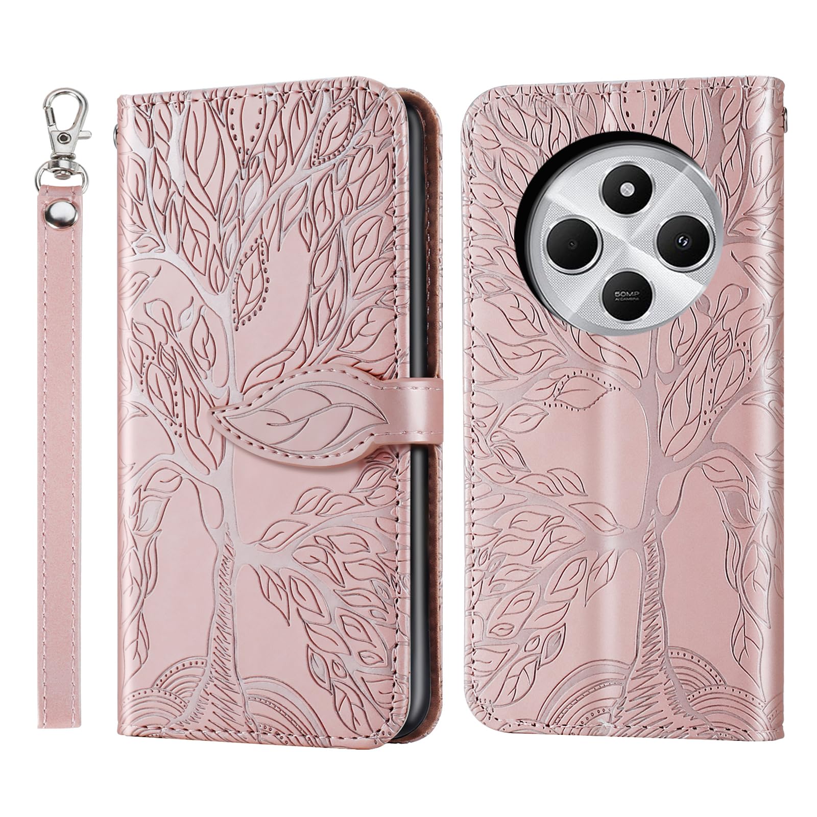 Rostsant Mobile Phone Case for Xiaomi Redmi 14C/Poco C75 - Embossed Tree PU Leather Flip Case Wallet Case - Rose Gold