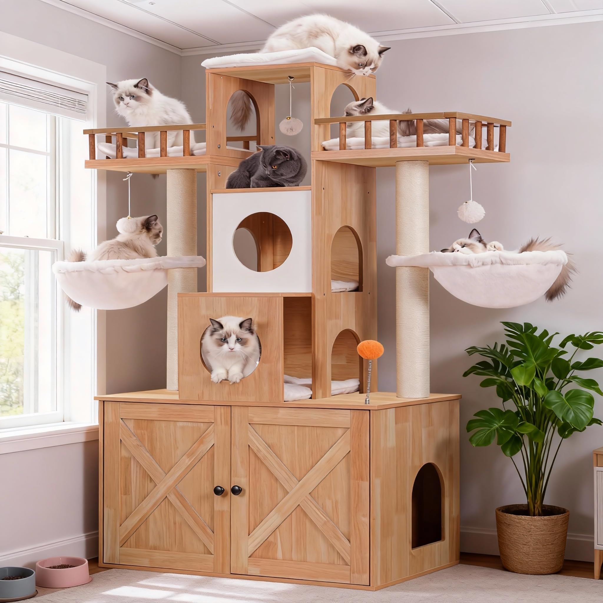 Photo 1 of Heybly Cat Tree with Litter Box Enclosure for Indoor Big Cat, Cat Tower for Large Cats 20lbs Heavy Duty, Modern Cat Condo Furniture with Scratching Posts, Walnut HCT110WB