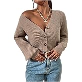 SHENHE Women's Button Down Cropped Cardigan Sweater V Neck Ribbed Knit Soft Cardigan