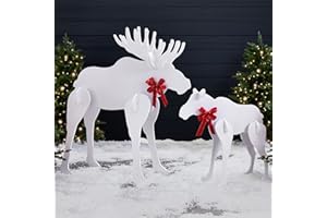 Best Choice Products 2-Piece 58in Moose Family Silhouette Set, Outdoor Christmas Holiday Yard Decoration, Weather-Resistant PVC Decor for Lawn, Garden, Display w/Bull & Calf, 6 Ground Stakes - White