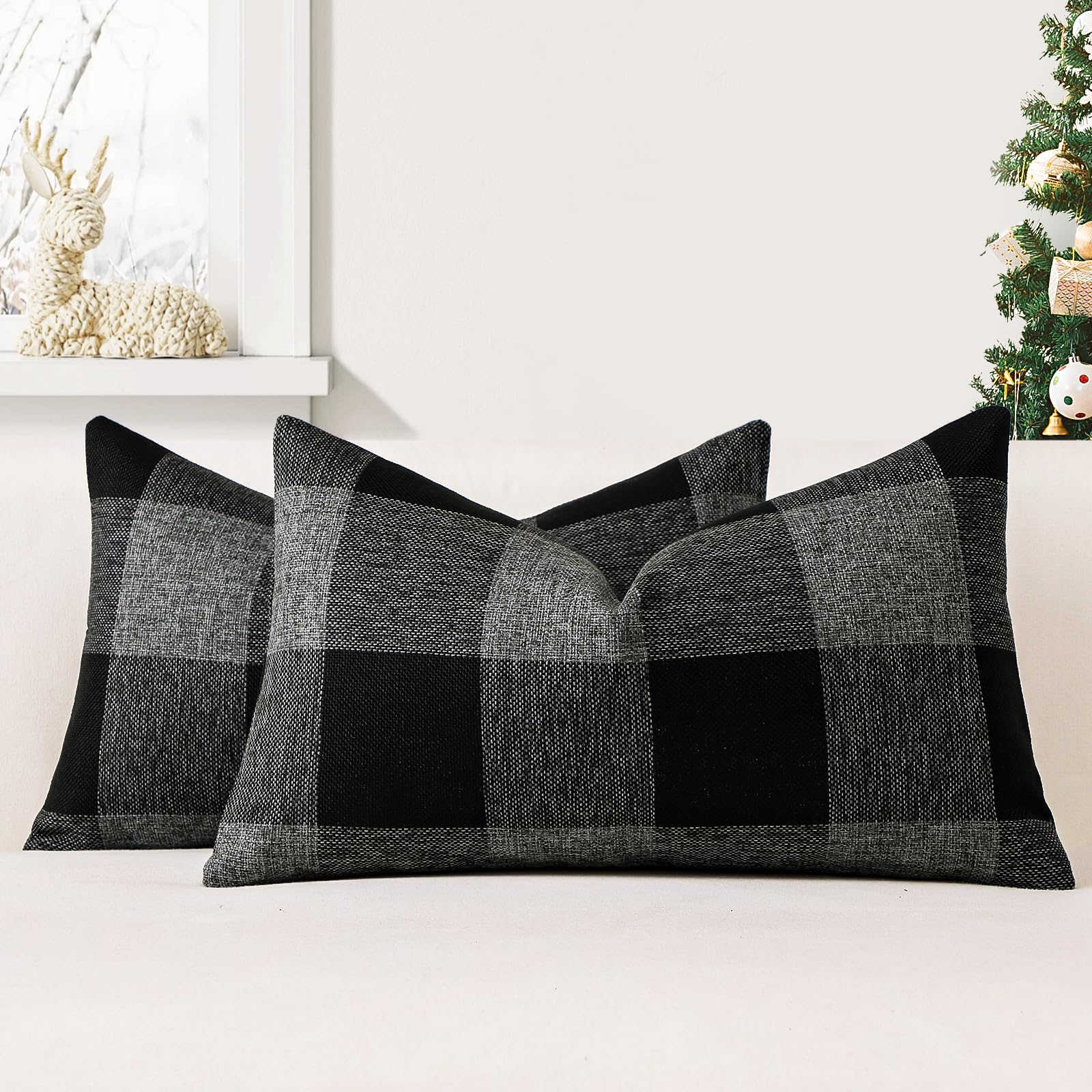 JOTOM Set of 2 Classic Plaids Cushion Covers 30x50 cm Farmhouse Buffalo Check Soft solid Decorative Throw Pillow Covers Home Decor Outdoor Cushion Case for Sofa Bedroom (Black Grey)