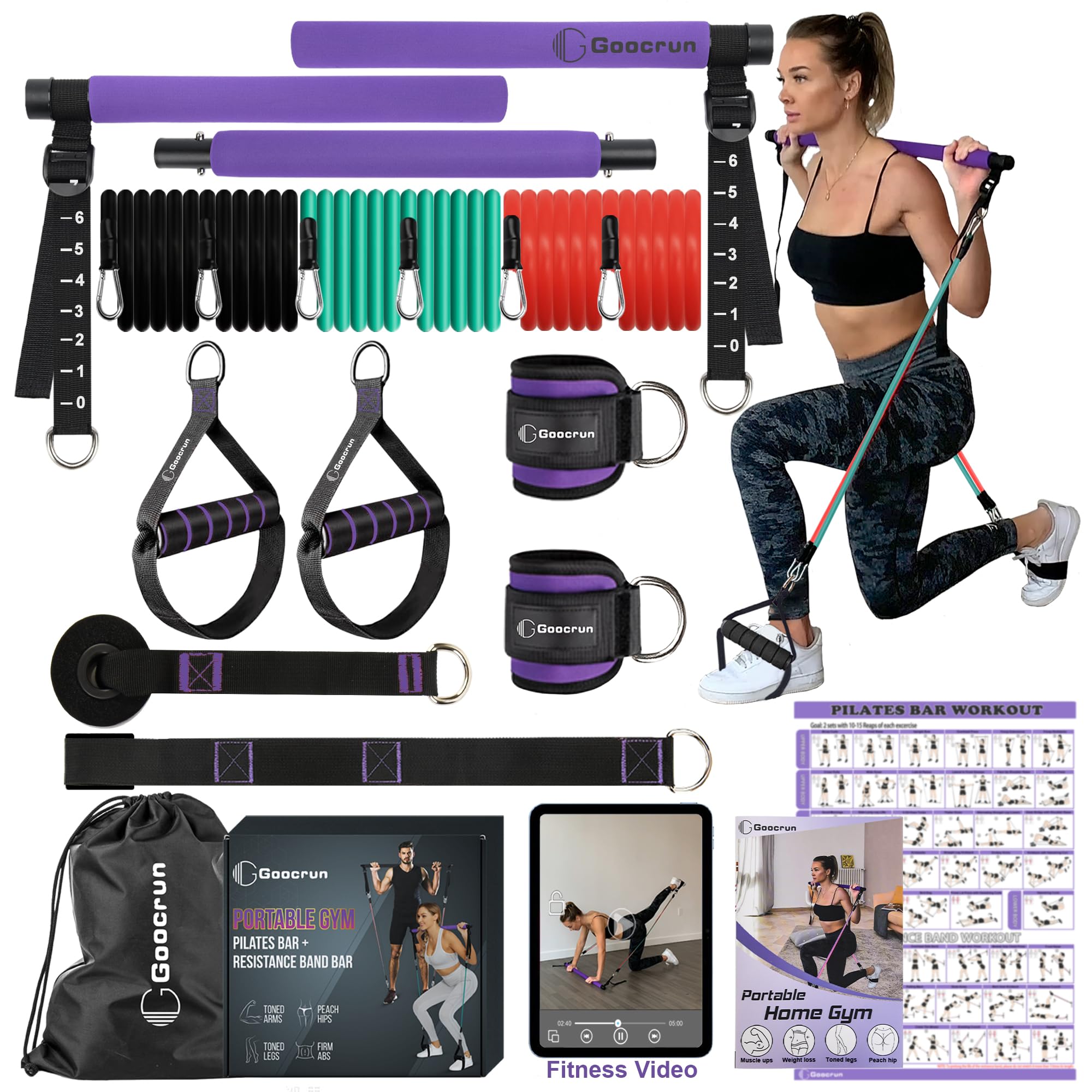 Portable Pilates Bar and Resistance Band Bar with Handles, Includes Door Anchors, Ankle Strap and Extension Straps - with Fitness Posters and Videos