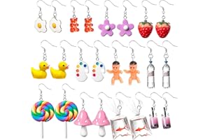 BEYUMI 12Pairs Funny Weird Dangle Earrings Kidcore Indie Y2K Aesthetic Jewelry Gummy Bear Strawberry Paint Palette Duck Milktea Bottle Goldfish Mushroom Lollipop with Hypoallergenic 925 Hook