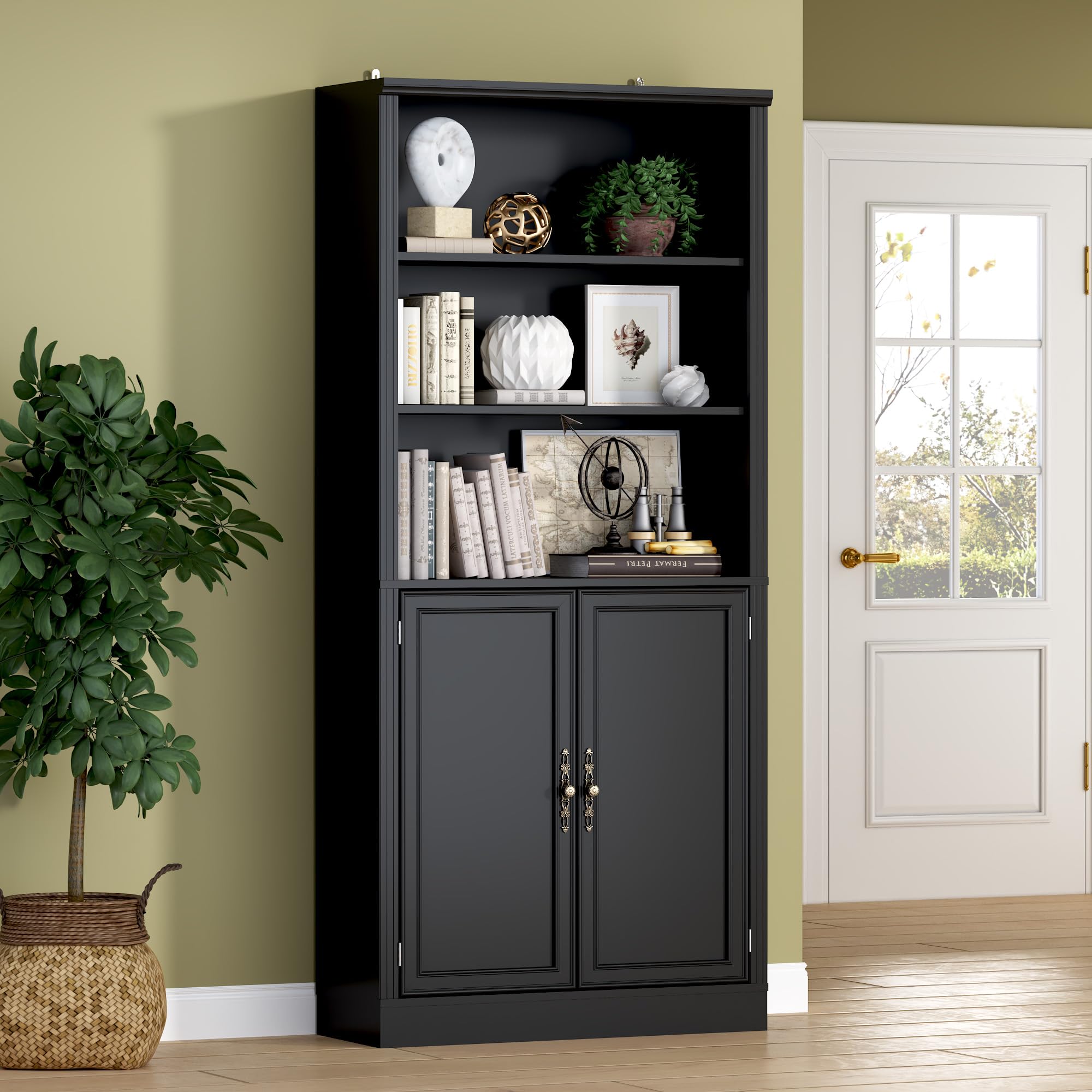 BORNOON 70.1" Tall Bookshelf with Cabinet, 5-Tier Floor Standing Bookcase with Doors & Adjustable Shelves, 31.5" Wide Storage Shelf, Metal Handles, Modern Organizer for Home Office, Living Room Image