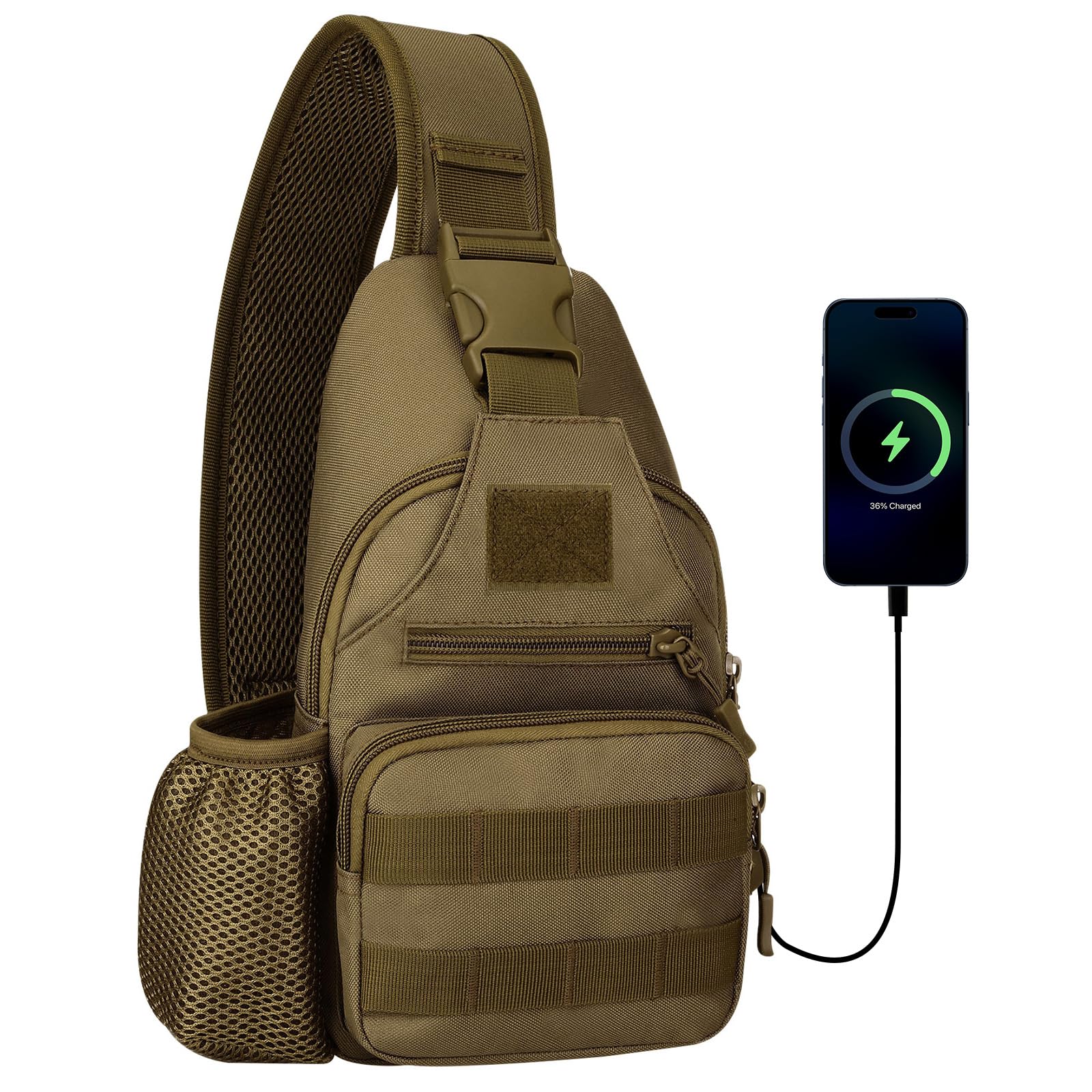 HUNTVP Tactical Military Chest Bag Molle Crossbody Shoulder Sling Pack Backpack with Water Bottle Holder USB Outlet, Brown