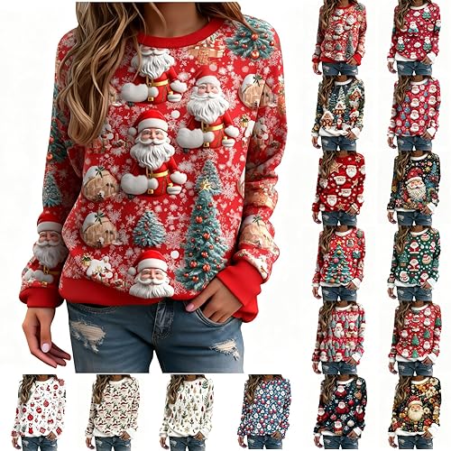 Womens Christmas Hoodie Ugly Xmas Jumpers Ugly Christmas Jumpers for Women Uk Xmas Tree Santa Claus Printed Sweatshirts Long Sleeve Crewneck Sweaters Novelty Funny Pullover Winter Hoodie Red M