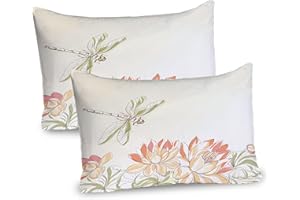 Ambesonne Dragonfly Pillow Sham Set of 2, Lotus Flower Field Winged Bug Flying Oriental Blooms Print, Quality Microfiber Bedding Item for All Seasons, 30" X 20", Cream Peach