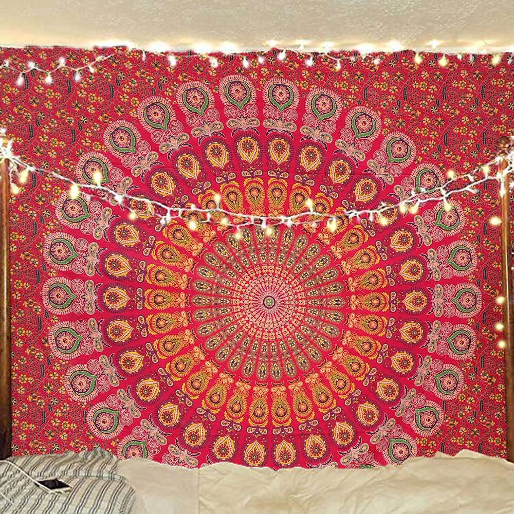 Bless International Indian hippie Bohemian Psychedelic Peacock Mandala Wall hanging Bedding Tapestry (Golden Red, Queen (84x90Inches)(215x230Cms))