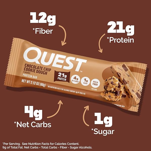 QUEST NUTRITION CHOCOLATE CHIP COOKIE DOUGH PROTEIN BARS, HIGH PROTEIN, LOW CARB, GLUTEN FREE, KETO FRIENDLY, 12 COUNT