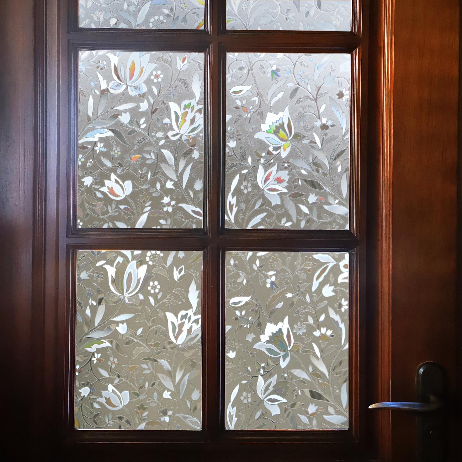 VSUDO Privacy Window Film, Tulip Flower Pattern Window Tint for Home, Static Cling Window Glass Stickers (44.5x400 cm)