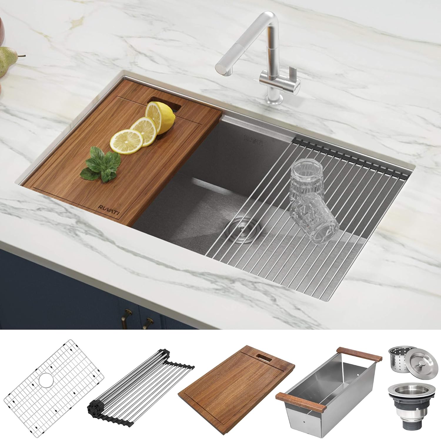 Ruvati 32 Inch Workstation Ledge Tight Radius Undermount 16 Gauge